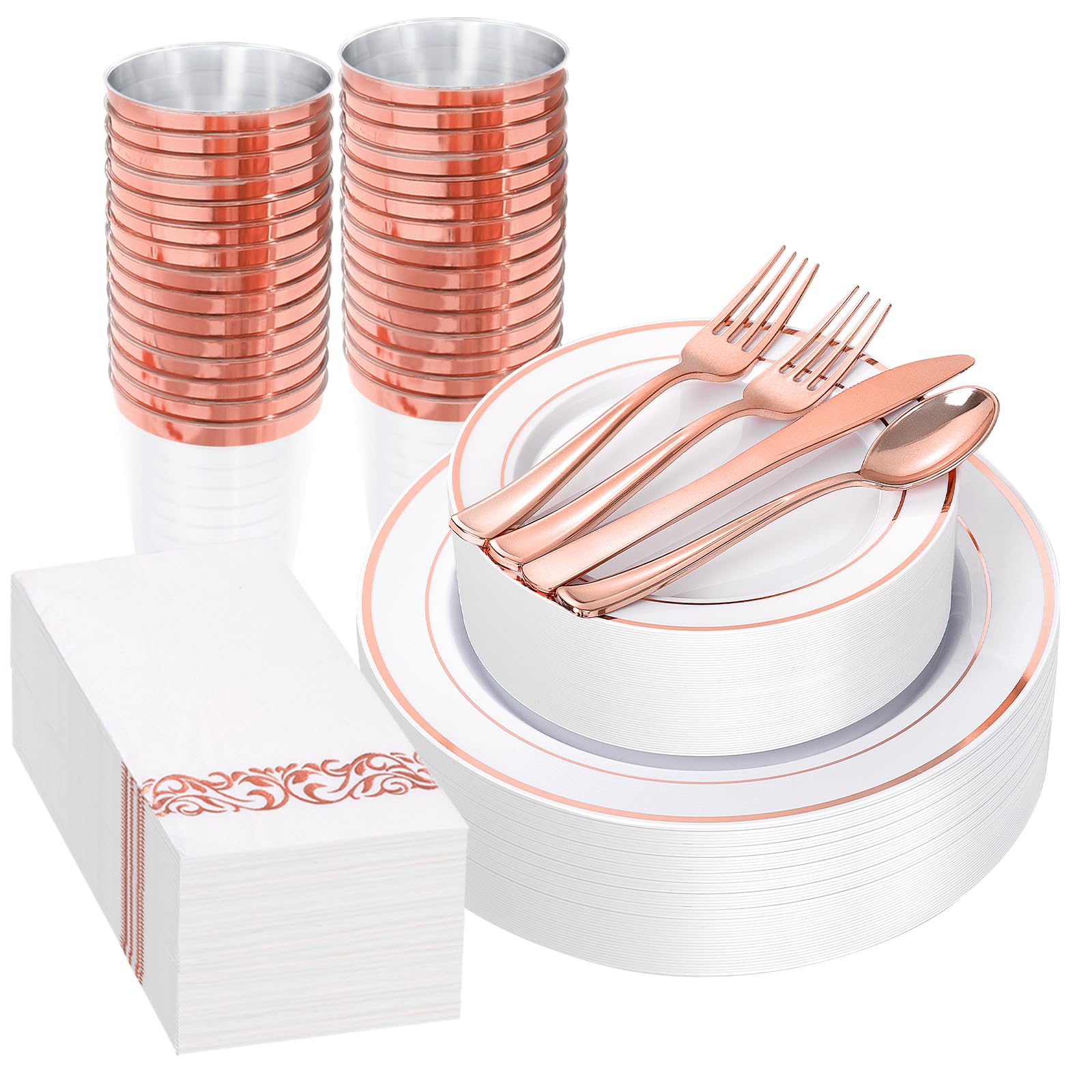 Photo 1 of Supernal 200pcs Rose Gold Plastic Dinnerware included Disposable Flatware& Plastic Party Plates Disaposable Cups and Napkins,Perfect for Party,Birthday and Wedding