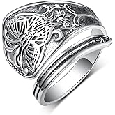 CVRAVO Vintage Butterfly Spoon Ring 925 Sterling Silver Adjustable Oxidized Spoon Rings Wrap Around Open Ring Thumb Statement Jewelry for Women Mom