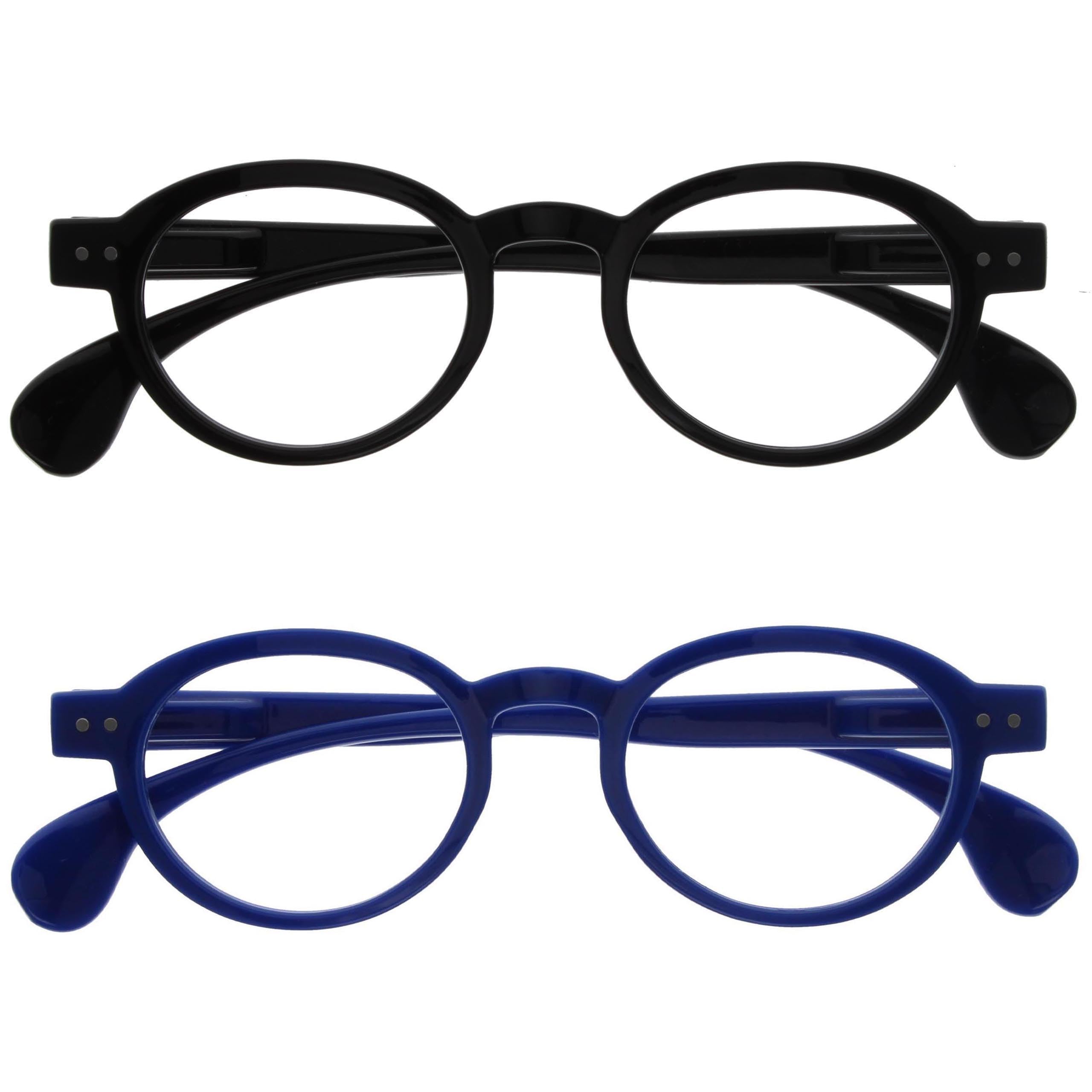 OPULIZE OCA Reading Glasses - 2-Pack - Modern Retro Round Frame - Black Blue - Mens Womens - Spring Hinges - RR54-13 - +3.00
