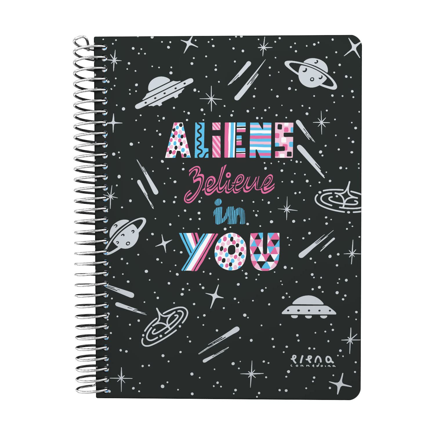 Grafoplás | Quarter Notebook | 80 Squared Sheets 4x4 90 g | Plastic Cover | Spiral | Elena Corredoira Design | Aliens Collection | FSC Certified