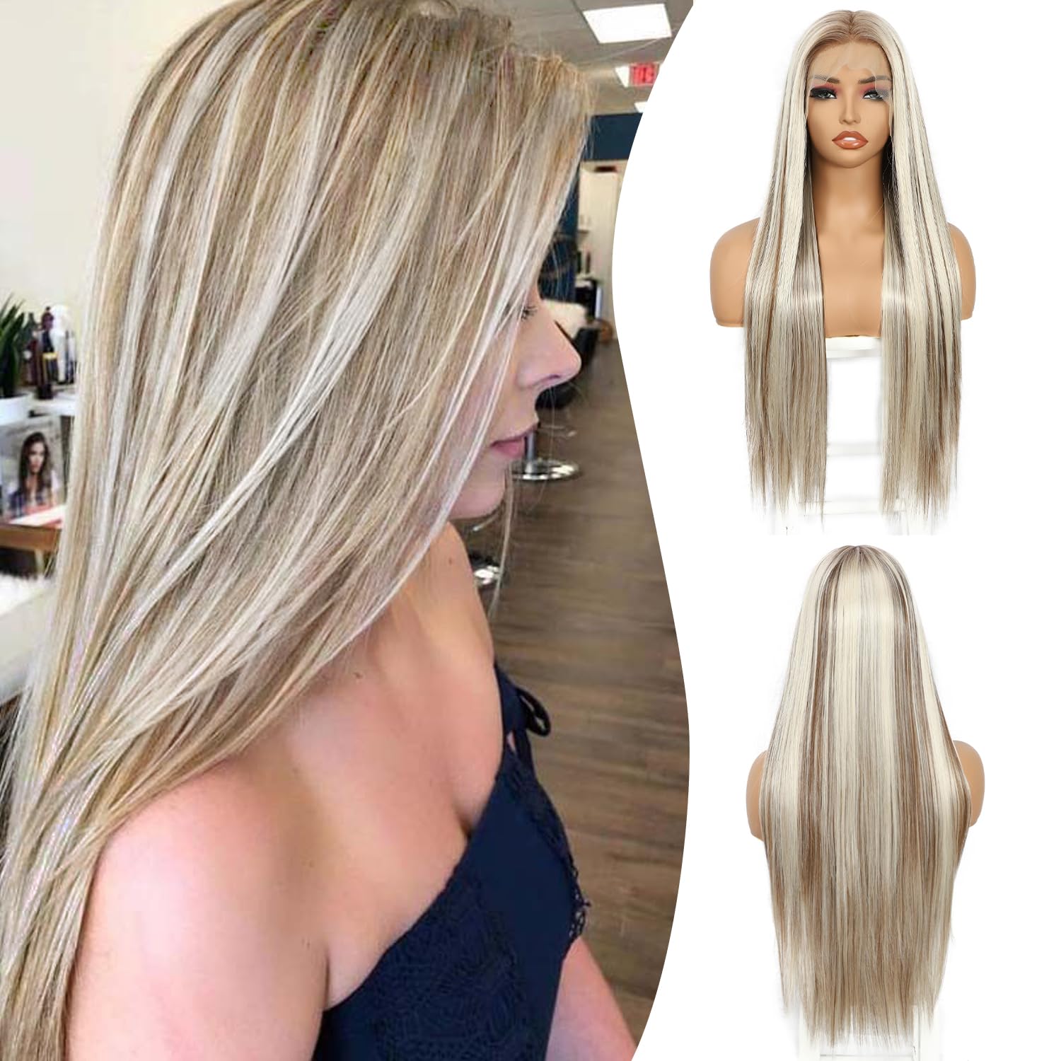 Sapphirewigs 13x6 Straight Lace Front Wigs blonde Long Straight Wig for Women Highlights Lace Front Synthetic Hair 150% Density Party Daily Wear Heat Resistant 26inch — image 1