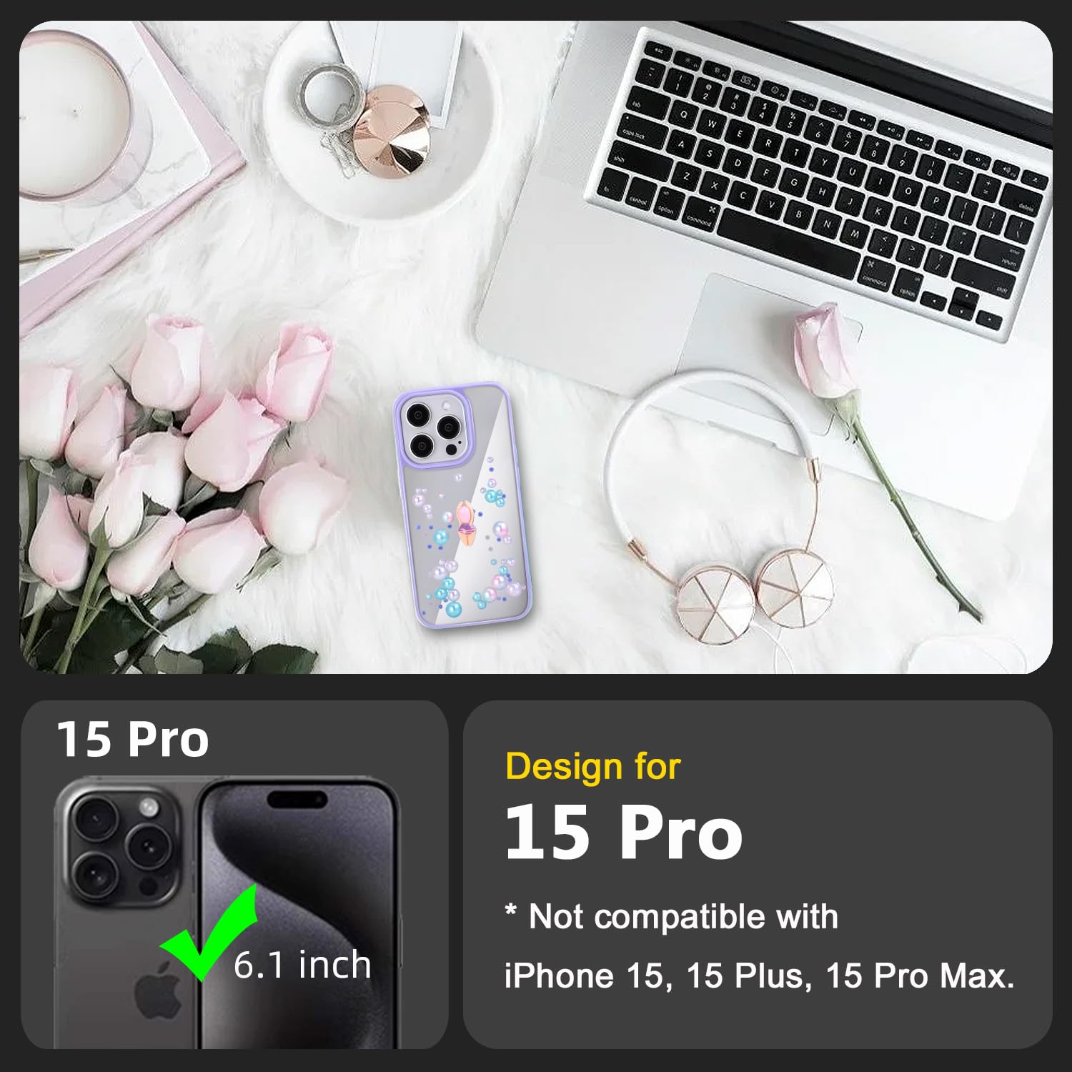 TzoMartico Case for iPhone 15 Pro Case 6.1 inch, Shockproof Hard Case Pearl Cute Case Clear - Purple + Colorful Blue