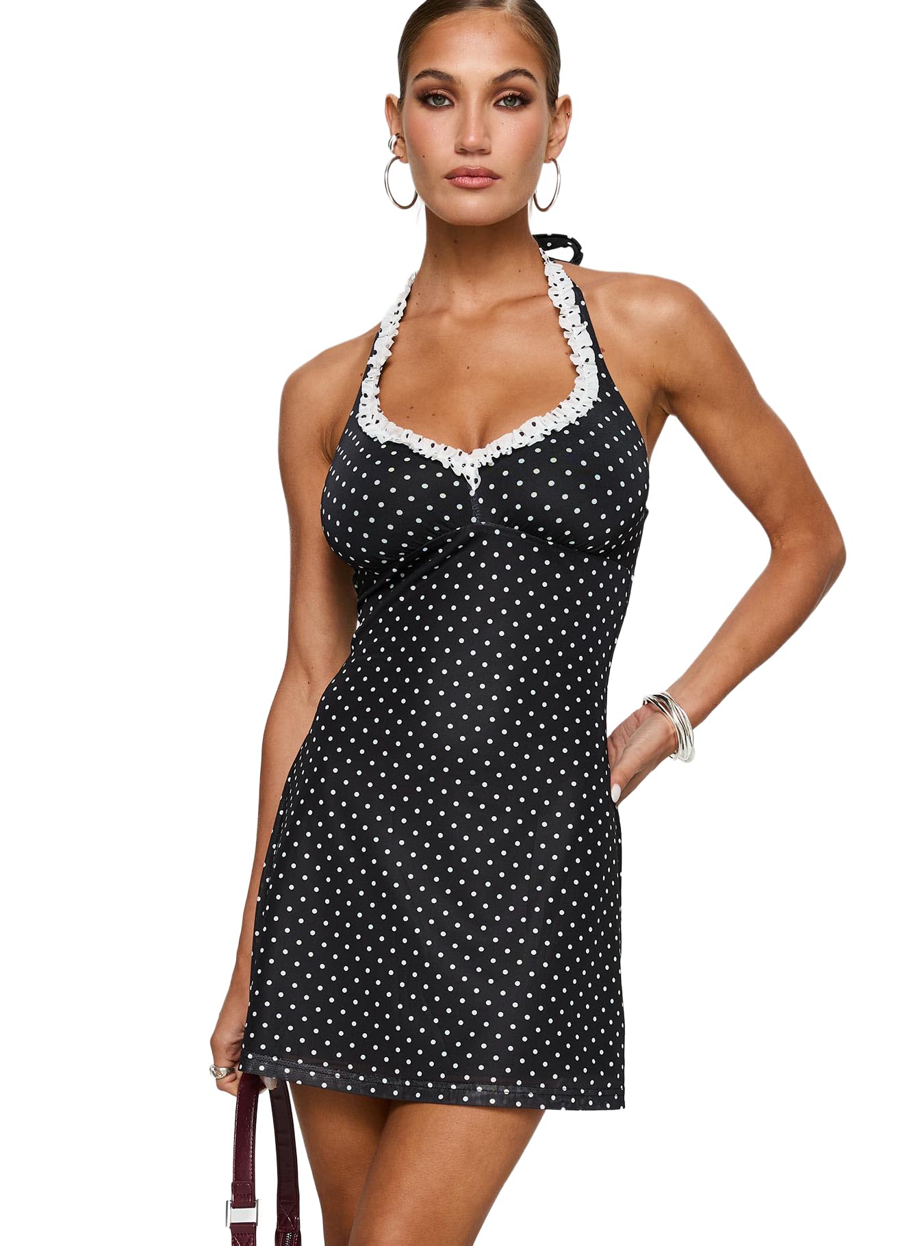 Princess Polly Black Beauty Halter Mini Dress Black/Polka