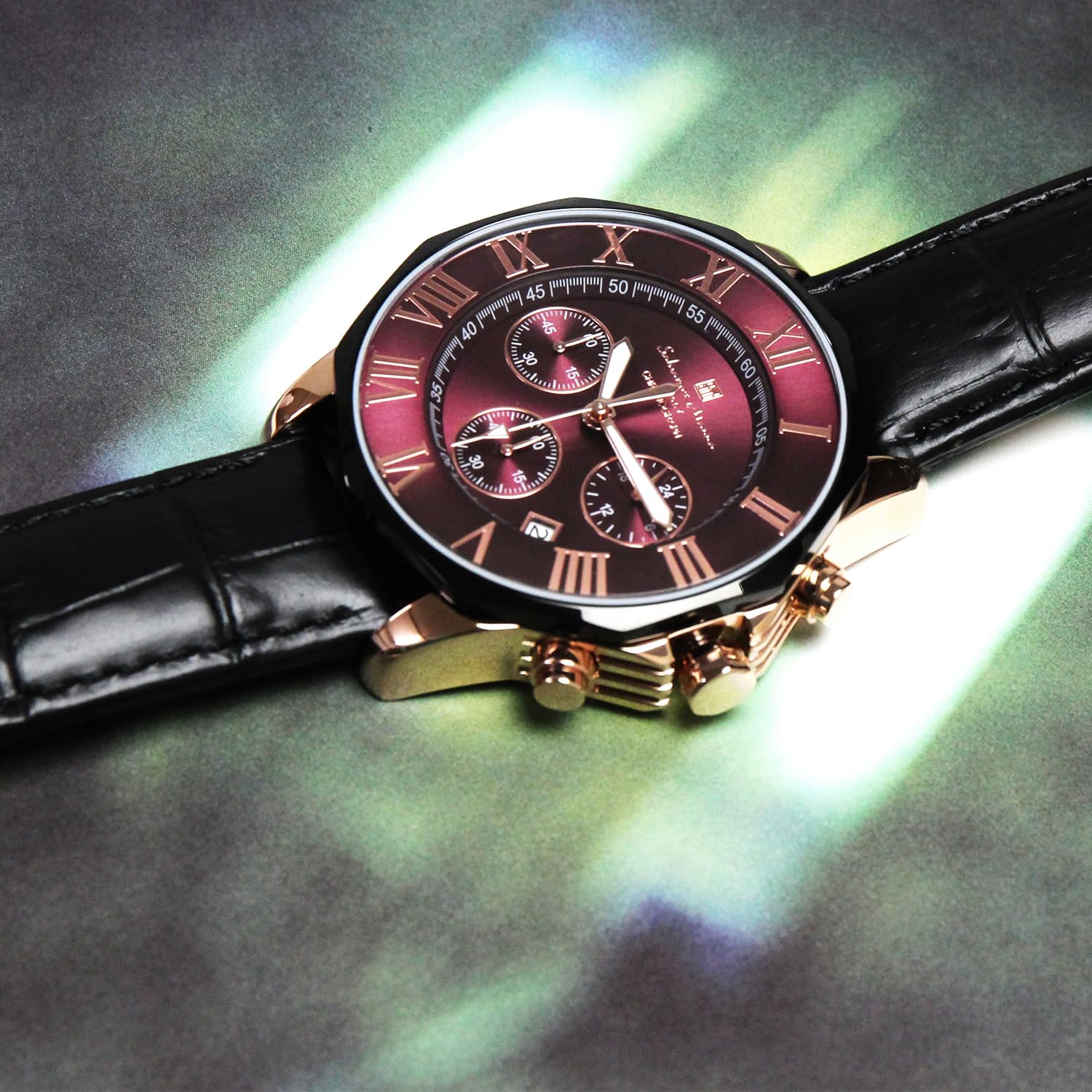 Salvatore Mala SM15104-PGPLLE Wristwatch, Red Chronograph, Water Resistant to 10 ATM, Business, Formal, Men's Leather Strap, Burpull, Black