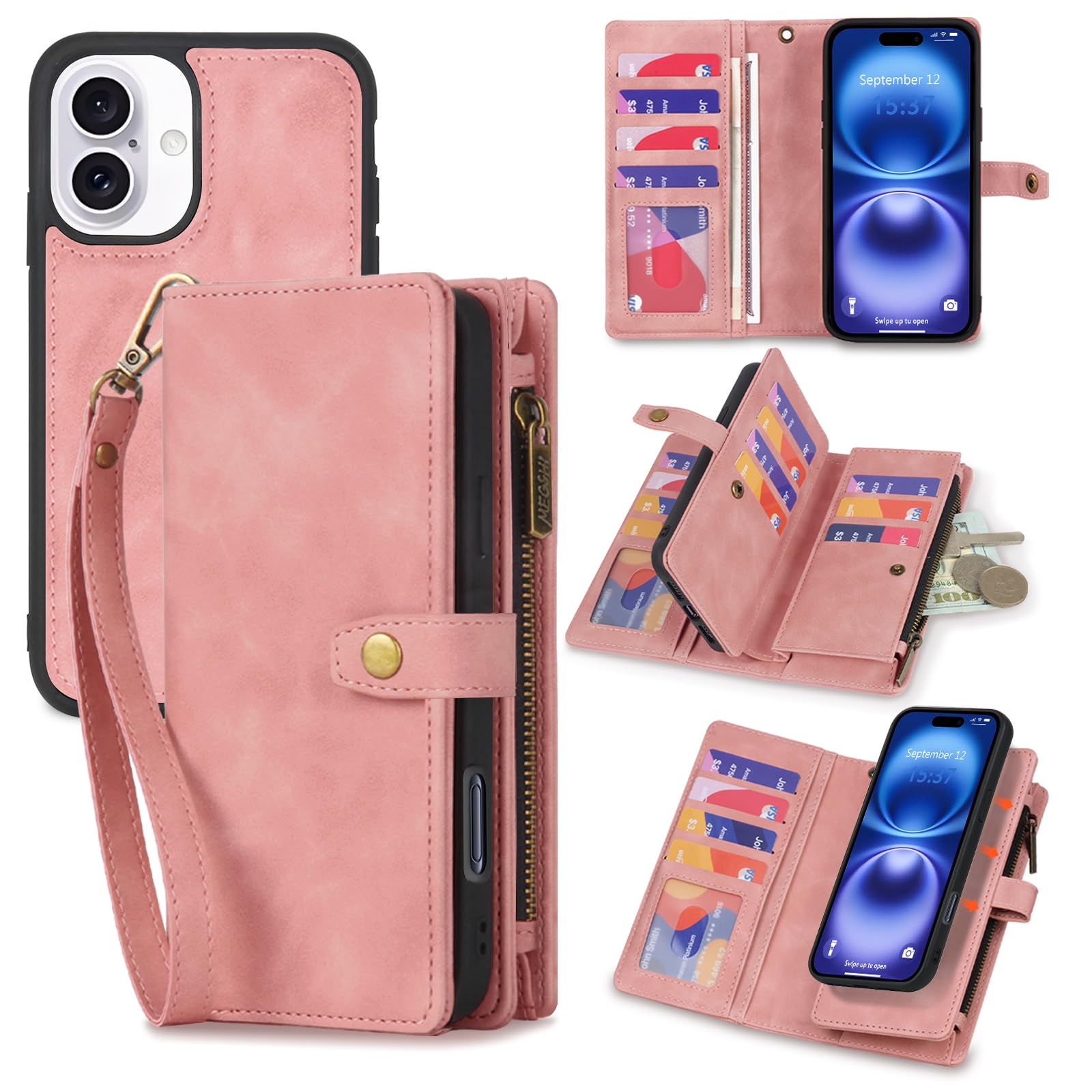 Photo 1 of TwoHead Wallet Case Compatible with iPhone 16,Detachable Magnetic Phone Case,PU Leather All-Round Protective Case Wallet with Card Holder/Change Pocket,6.1 in,Pink