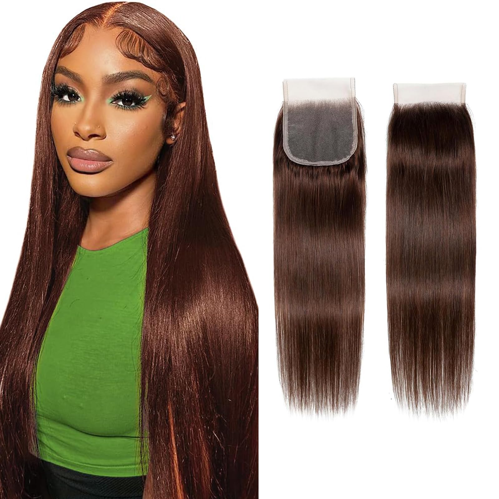 Brown 4x4 Free Part Chocolate Brown 4# Straight Closure Brazilian Human Hair Extensions Preplucked Bleached Knots Sew In For Women 18 Inch