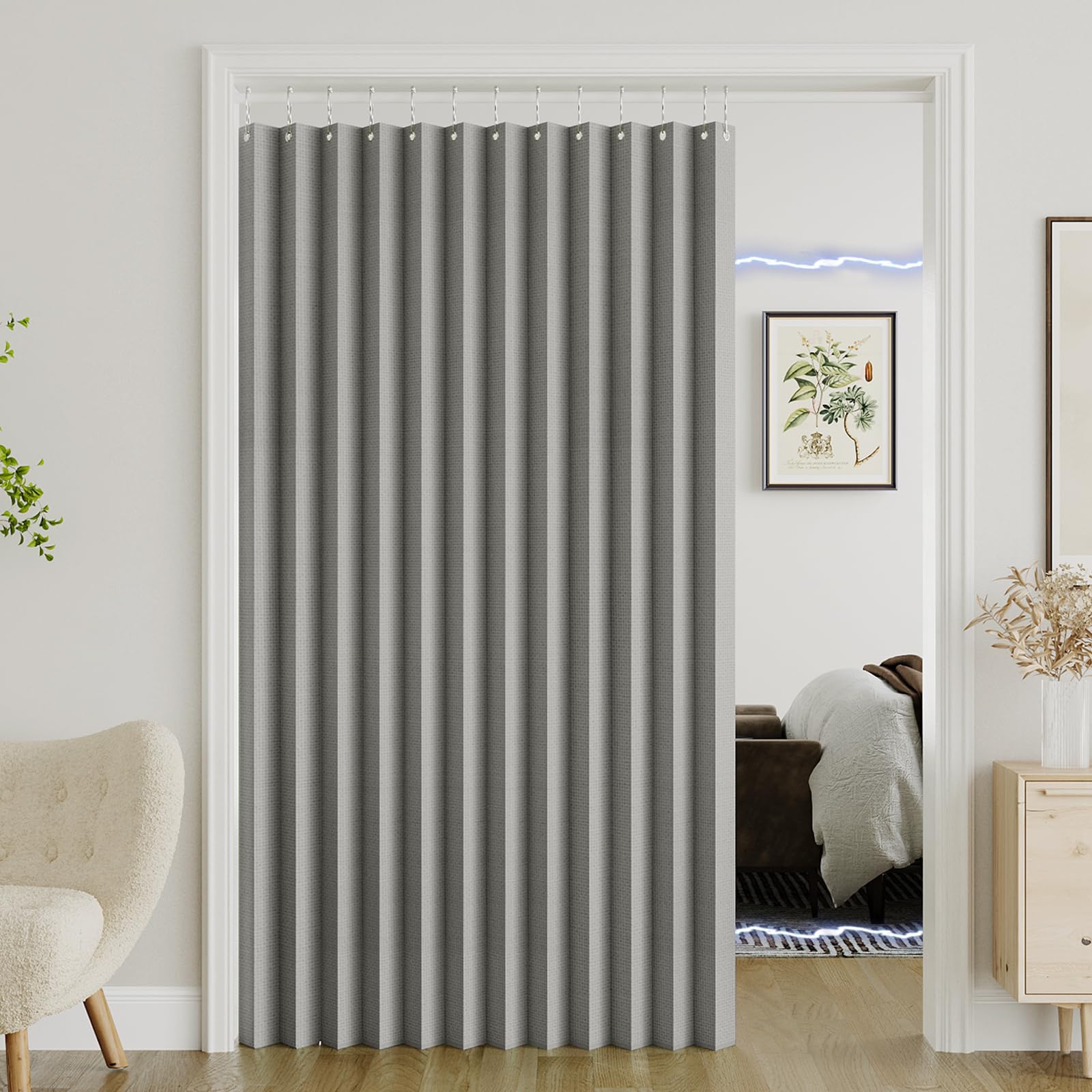 Photo 1 of Turquoize 100% Blackout Magnetic Door Curtain Accordion Door Closet Door Curtain Linen Textured Pleated Curtains Folding Door Curtains for Closet and Room Divider, 1 Panel, W66 x L78, Grey