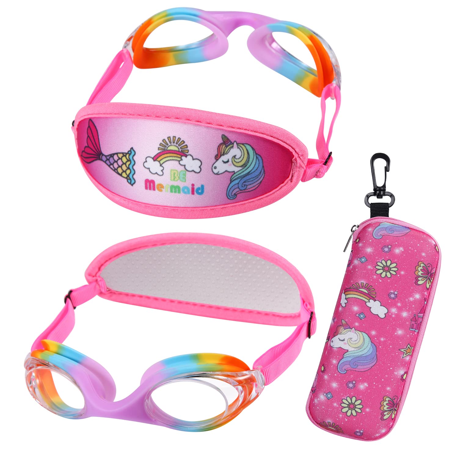 RUIGAO Kids Swim Goggles Age 4-7, Toddler Goggles No Tangle, Child Swimming Mask/Bungee Strap/Soft Band (JR Goggles - Rainbow)