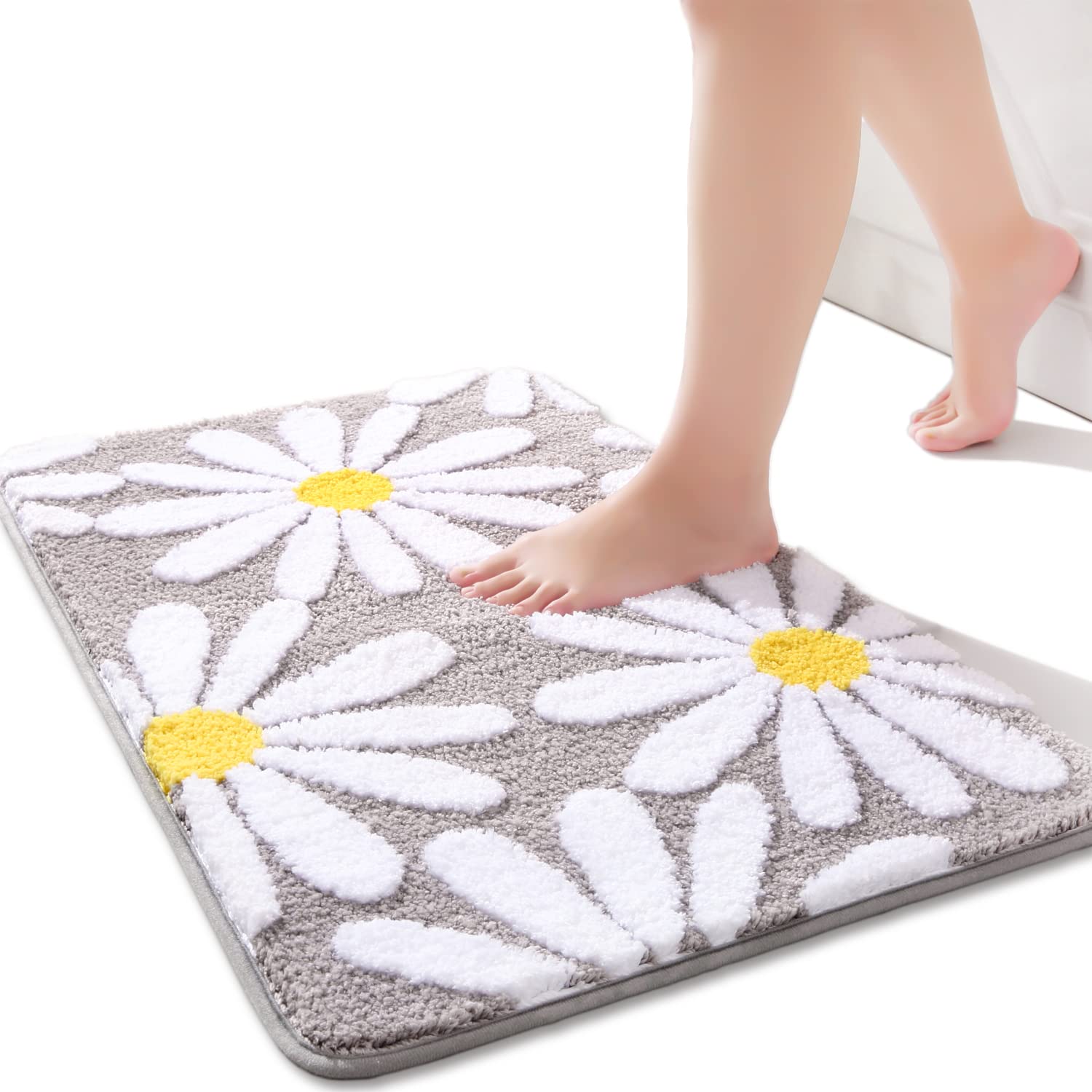 QJHOMO Grey Bath Mat White Flower Rug 50 x 80 cm, Non Slip Bath Mats for Bathroom, Soft Microfiber Bathroom Mat, Machine Washable Rug Durable Bathmat, Super Absorbent Floor Mat for Shower — image 1
