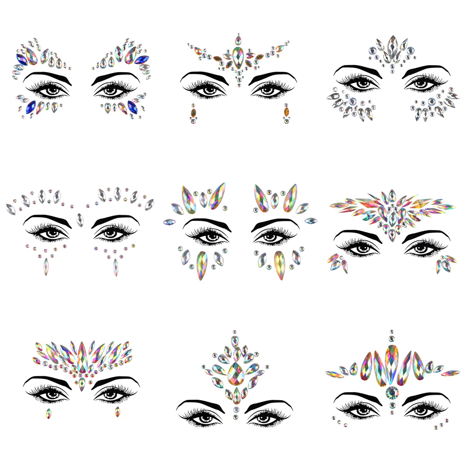 KATOOM 9 Pack Face Gems Elf Rhinestones Stickers Fairy Make-up Temporary Tattoo Glitter Mermaid Face Jewels Eyebrow Body Sticker for Carnival Party Music Festival Dress-up