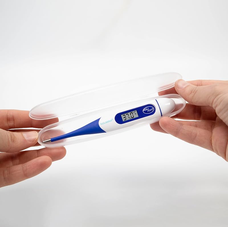- Termómetro Digital, Preciso ±0.1°C, Punta Flexible, Oral/Rectal/Axilar, Resistente al Agua IP54, Aviso Sonoro, Estuche Incluido, Amarillo/Azul/Azul Marino