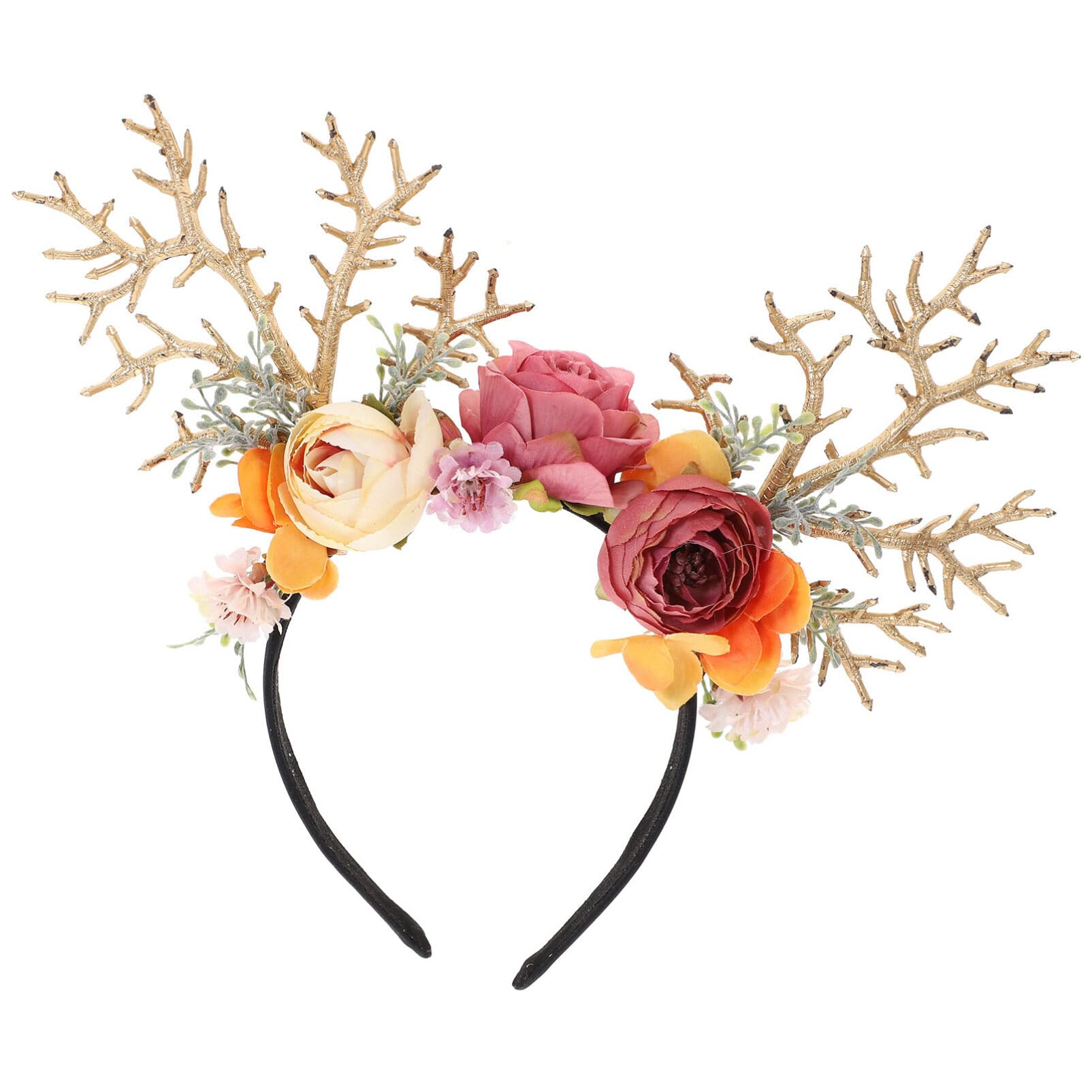 Amosfun Reindeer Headband with Realistic Flowers Antlers Headdress Christmas for Women and Children Lightweight Headband for Party and Photo Shoots