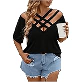SOLY HUX Women's Plus Size T Shirt V Neck Criss Cross Cut Out Short Sleeve Tee Summer Casual Tops