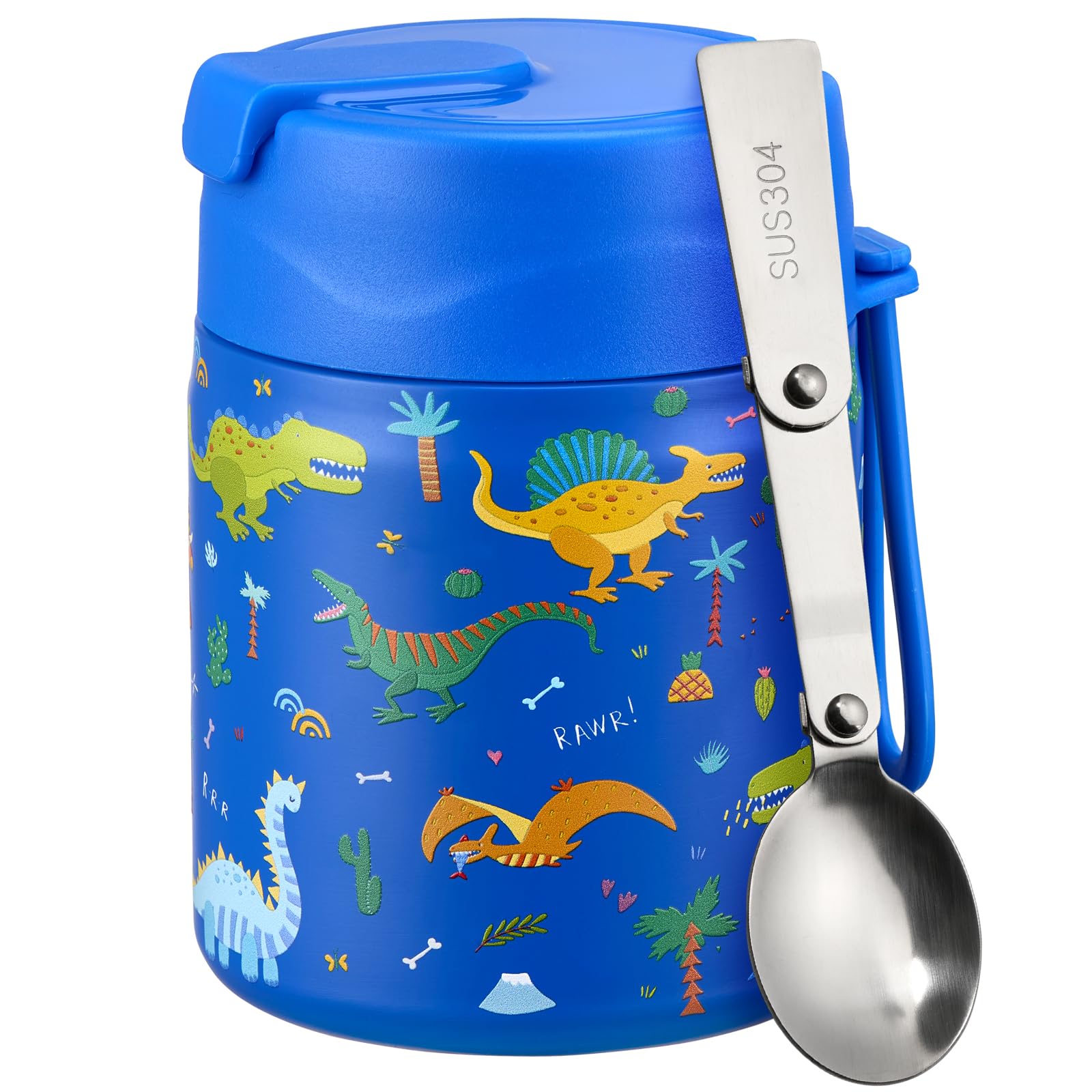 Photo 1 of Pawtong 17oz Soup Thermo for Hot Food Kids Insulated Vacuum Food Jar with Stainless Steel Spoon Wide Mouth Thermo Leakproof Lunch Food Container Kids Hot Lunch Box (Blue-Dinasour)