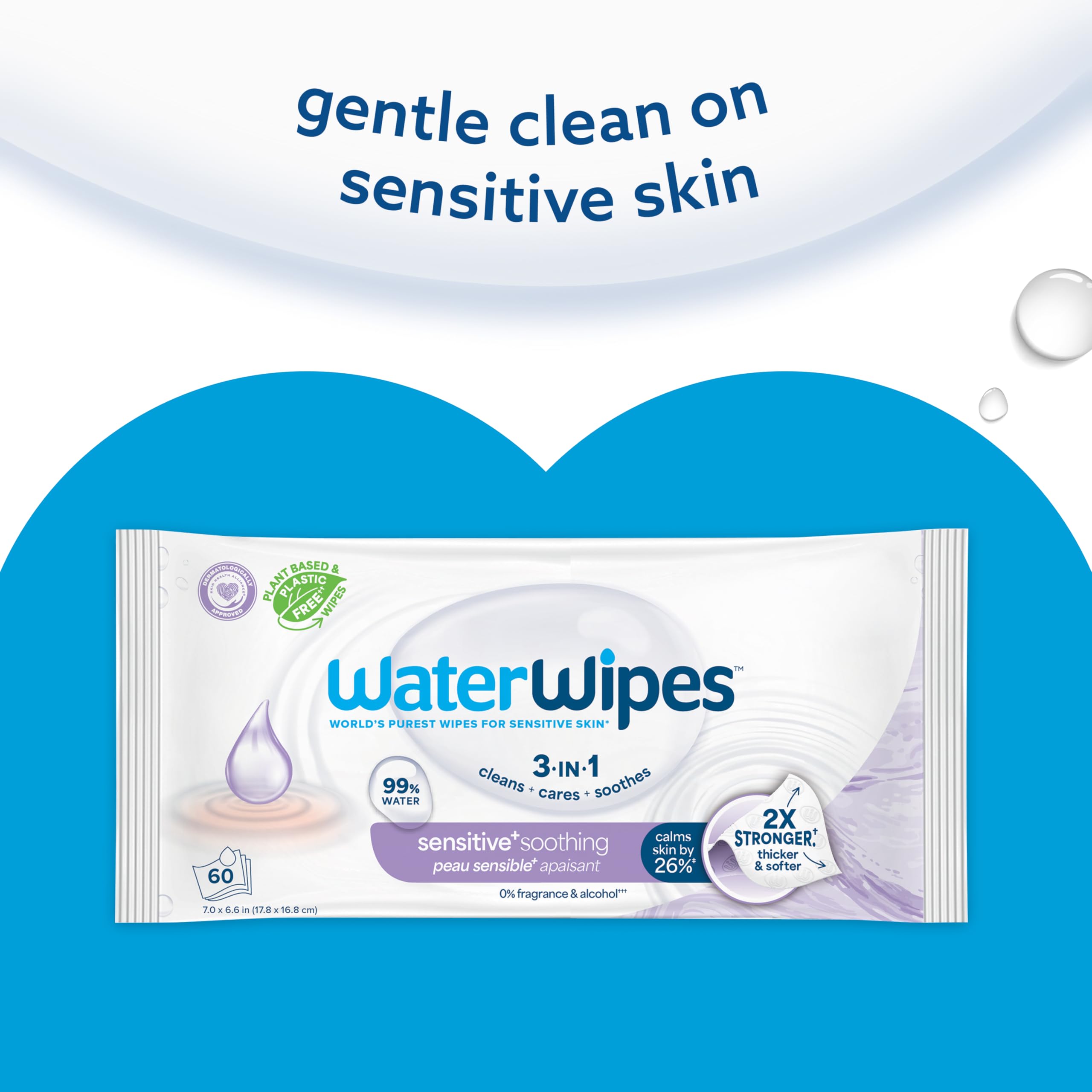 WaterWipes Sensitive+ Soothing Wipes, 3-In-1 Cleans, Cares, Soothes, 99% Water with Botanical Extract, Unscented & Hypoallergenic Baby Wipes, 360 Count (6 Packs)