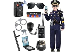 Police Costume for Kids, Kids Police Costume with Gear, Recorder, Police Shoulder Lights, Halloween Costume for Boys Girls