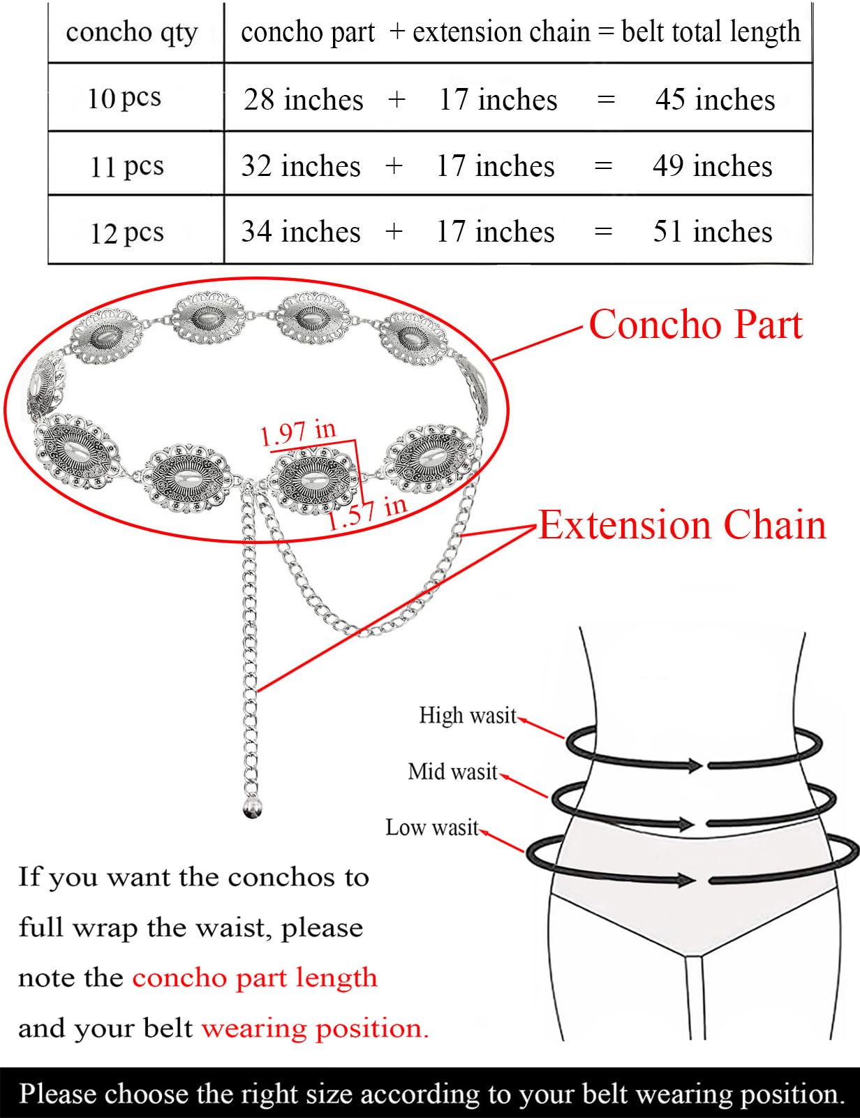 TOPACC Western Metal Concho Belt for Women Cowgirl Chain Belts for Dresses Jeans Country Concert Outfit