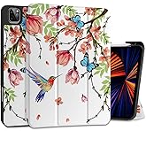 MEEgoodo for iPad Pro M2 12.9 Case 6th/5th/4th/3rd Generation 2022 2021 2020 2018 with Pencil Holder, Tablet Cover with Soft TPU Back Shell, Birds & Flowers