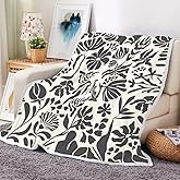 Black and White Retro Floral Blanket, Boho Mid Century Modern Abstract Floral Plants Aesthetic Throw Blanket, Terracotta Cute Cozy Soft Flannel Baby Throw and Blankets Couch Sofa Bed Decor 50"X60"in