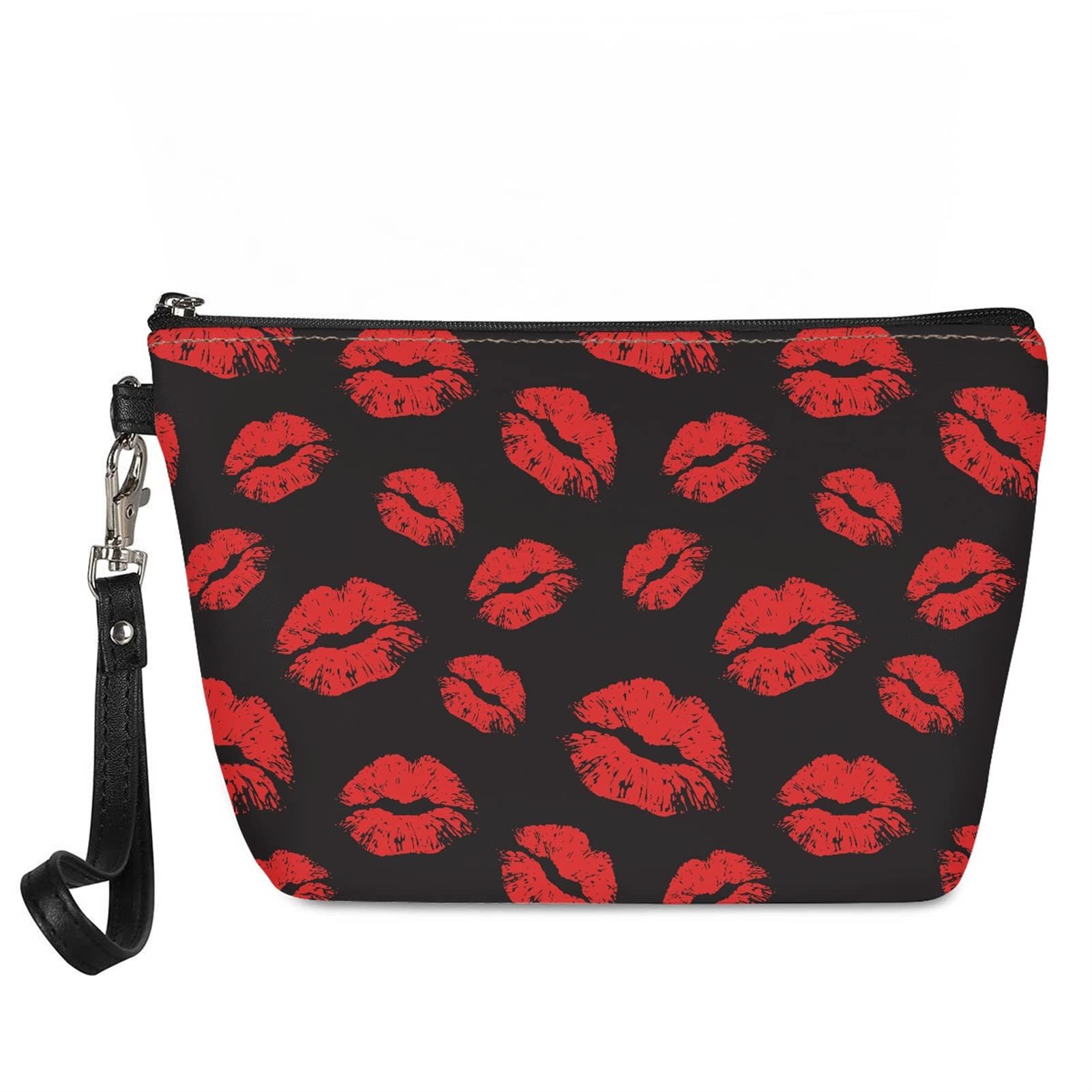 Kuiaobaty Red Kiss Lips Print Handbag for Girls,Women Cosmetic Bag Black Leather Ladies Toiletry Bag for Travel Makeup Bag Pouch