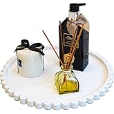 SEIUGDEF 11.8 Inch Round Tray with Scalloped Edge, Decorative White Wood Tray for Coffee Table, Kitchen, Dining Room, Living Room Home Decor, Organization and Serving