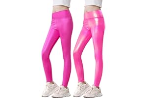 Kirinkylin Girls Metallic Leggings High Waisted Sparkly Yoga Pants Shiny Running Dance Tights for Kids Youth Teen, 2 Pack