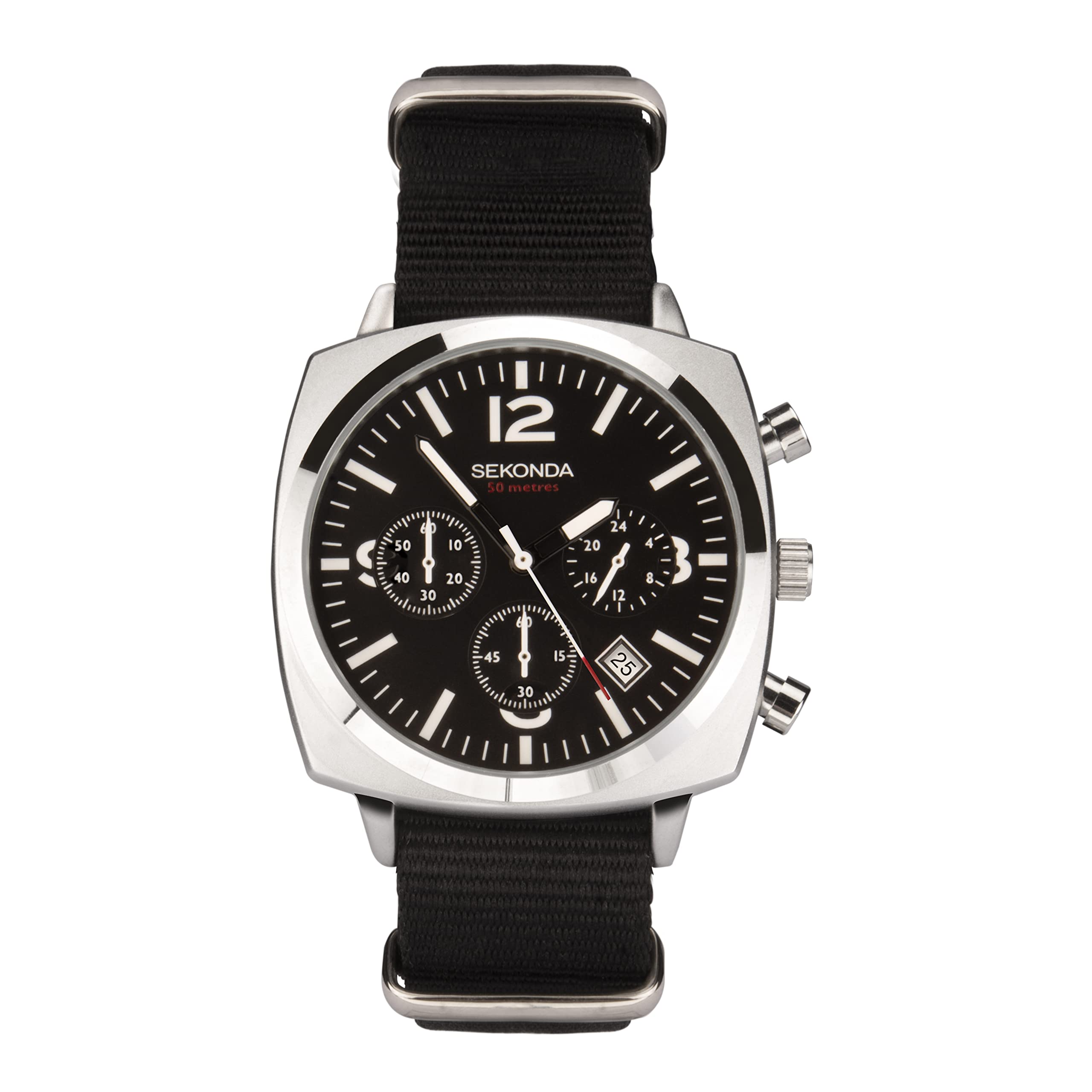 Sekonda Airborne Mens 40mm Quartz Watch in Black with Chronograph Date Display, and Black Canvas Strap 1989