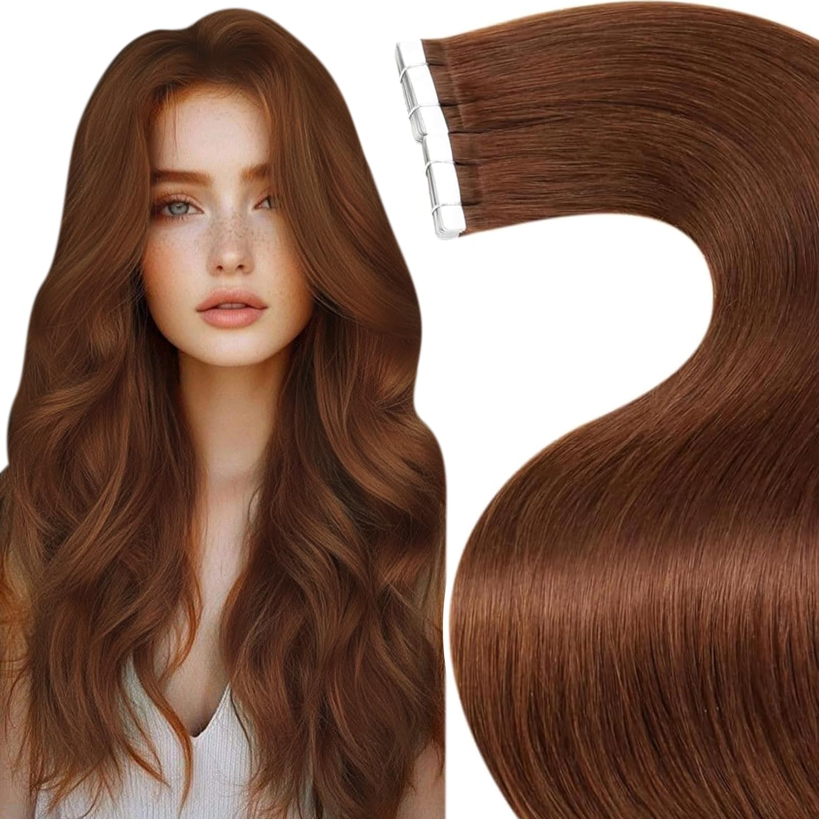 LaaVoo Tape in Hair Extensions Human Hair 50g Tape Hair Extensions Real Human Hair Invisible Tapes Remy Straight Red Brown Hair Double Sided Tabs 20pcs 14 Inch #33 — image 1