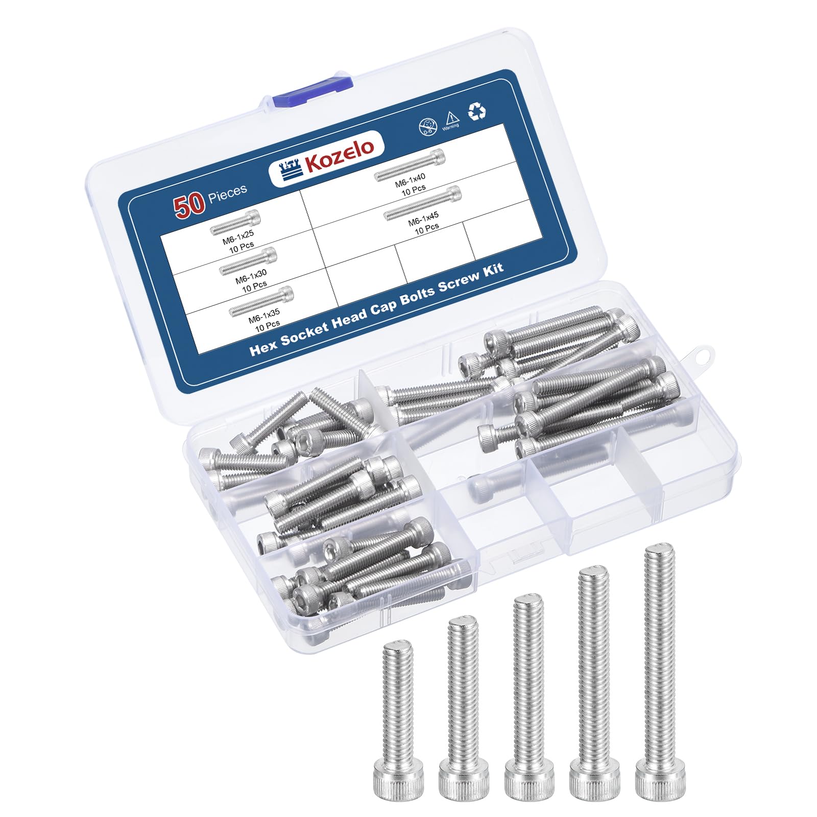 Kozelo 50pcs M6 Socket Head Cap Screws Bolts Nuts Assortment Kit - [M6x25/30/35/40/45mm] 304 Stainless Steel Allen Socket Drive for 3D Printer
