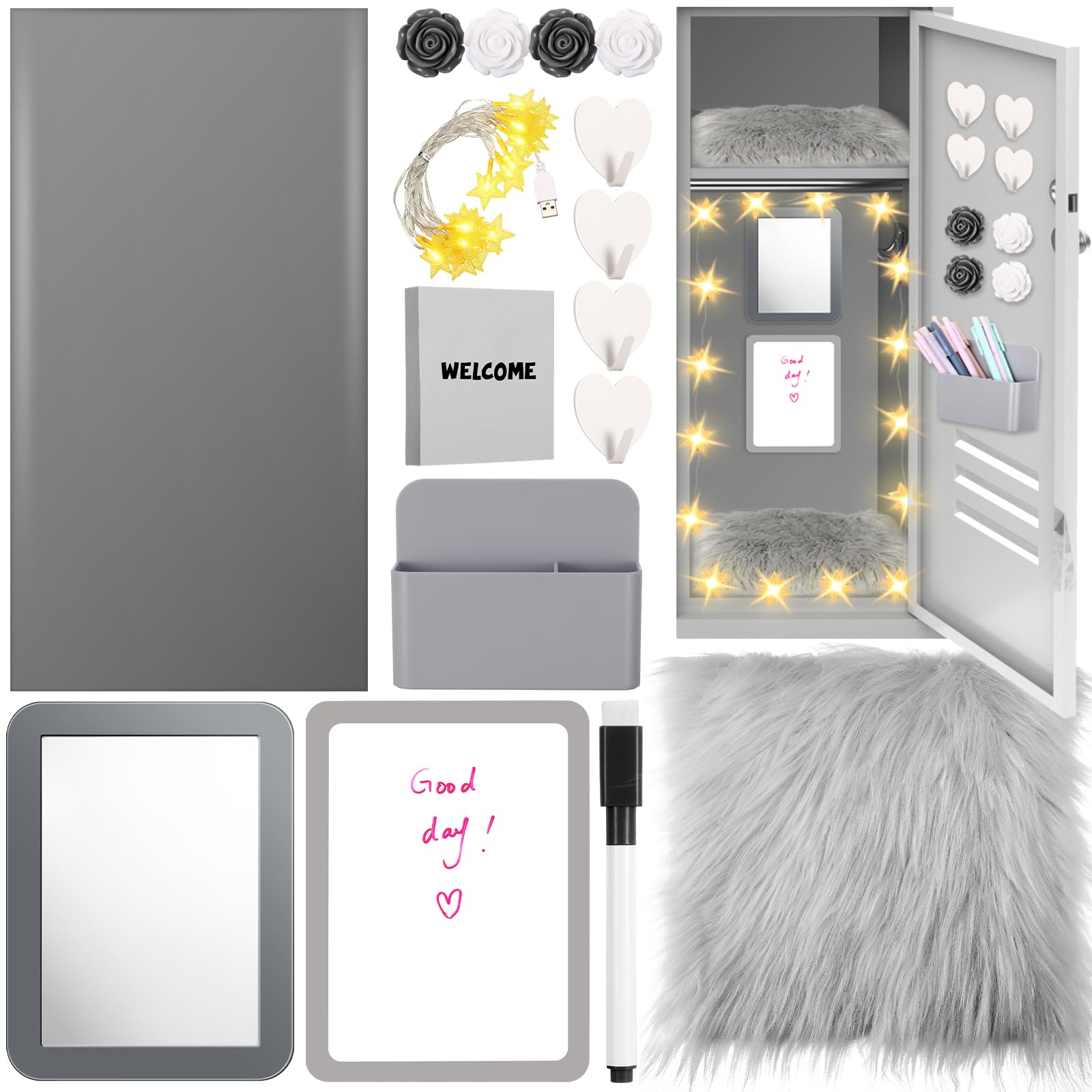 Photo 1 of AmazingSpark 12 Pcs Locker Accessories Kit Magnetic Mirror Pen Holder Hook Whiteboard Wallpaper Magnet Rug Keychain String Light for Back to School Essentials Locker Decoration (Grey,Flower)