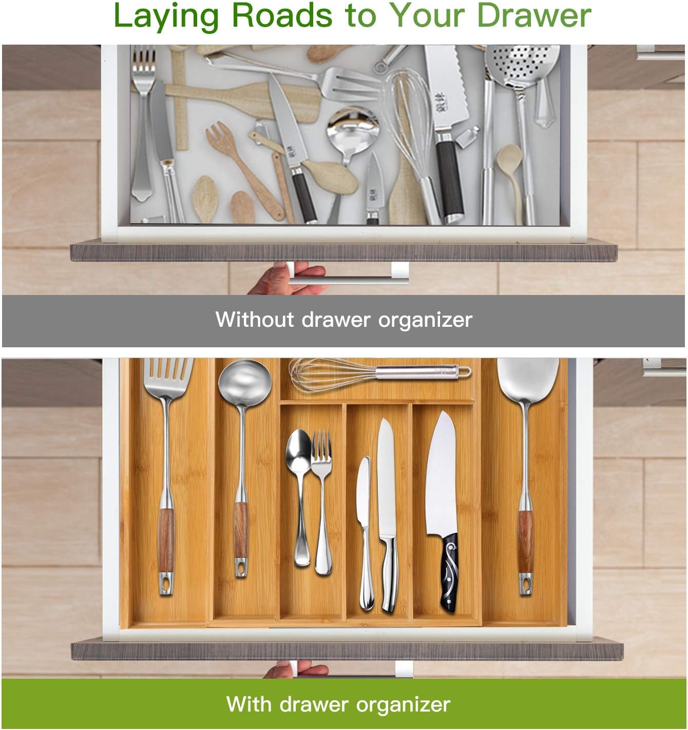 Bamboo Expandable Drawer Organizer for Utensils Holder, Adjustable Cutlery Tray, Wood Drawer Dividers Organizer for Silverware, Flatware, Knives in Kitchen, Bedroom, Living Room by Pipishell -