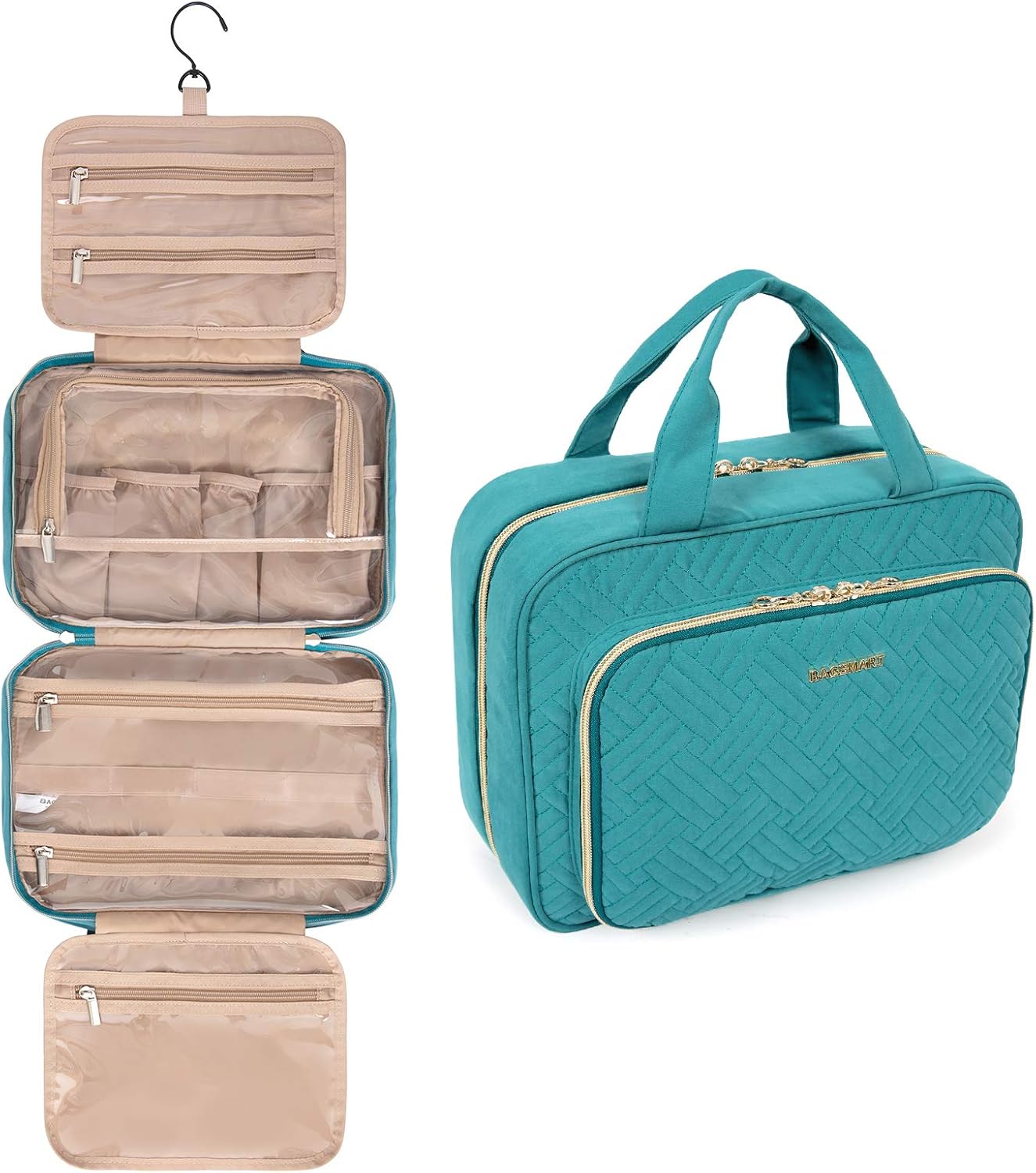 BAGSMART Toiletry Bag Hanging Travel Makeup Organizer with TSA Approved Transparent Cosmetic Bag Makeup Bag for Full Sized Toiletries, Medium-Teal