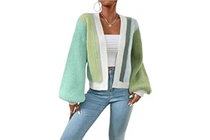 SHENHE Women's Color Block Open Front Long Sleeve Ribbed Knit Cropped Cardigan Sweaters