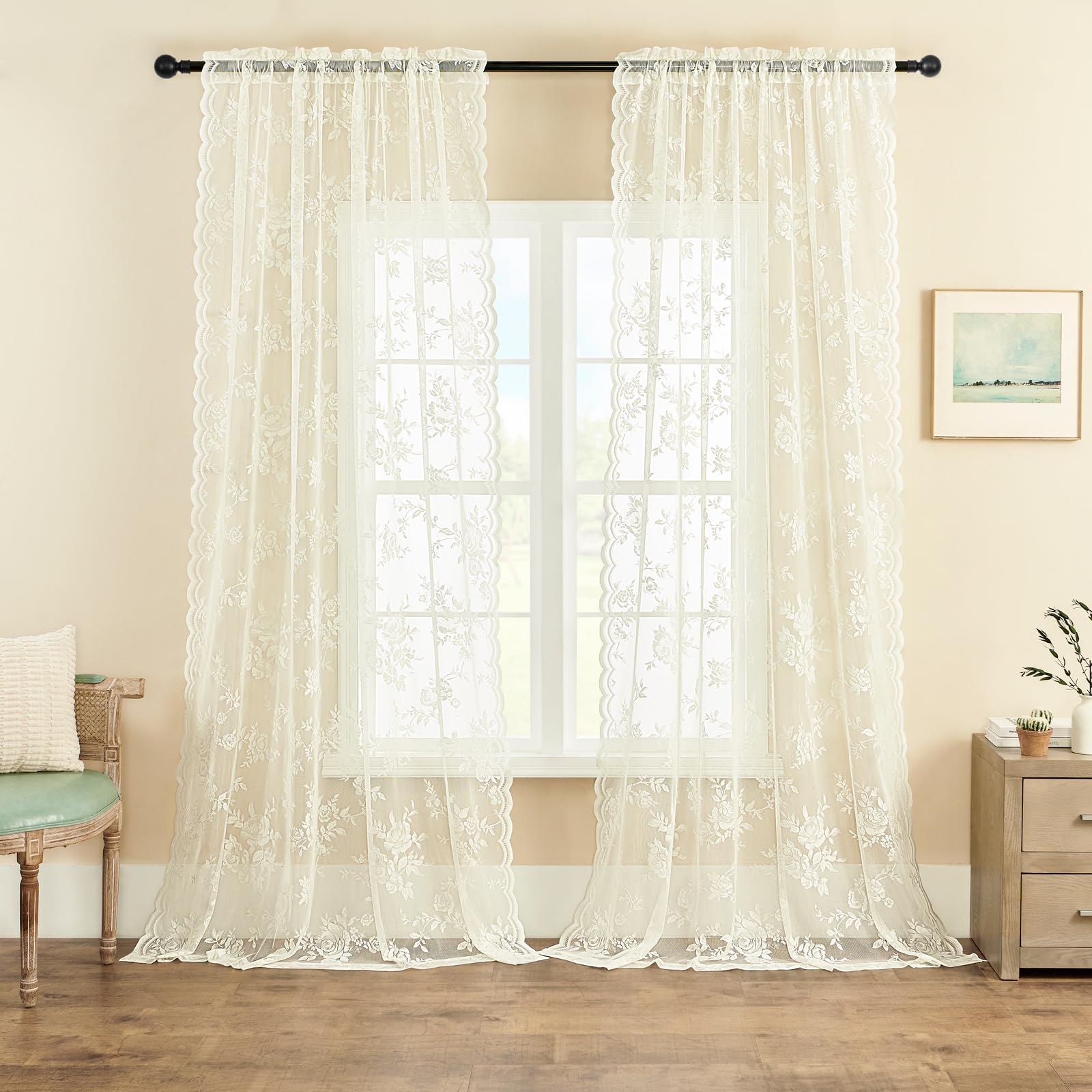 Photo 1 of Ivory Lace Sheer Curtains 96 Inches Long 2 Panels Victorian Floral for Living Room Bedroom Rod Pocket Light Filtering Cream Shabby Chic Window Drapes Farmhouse Decor, 52x96