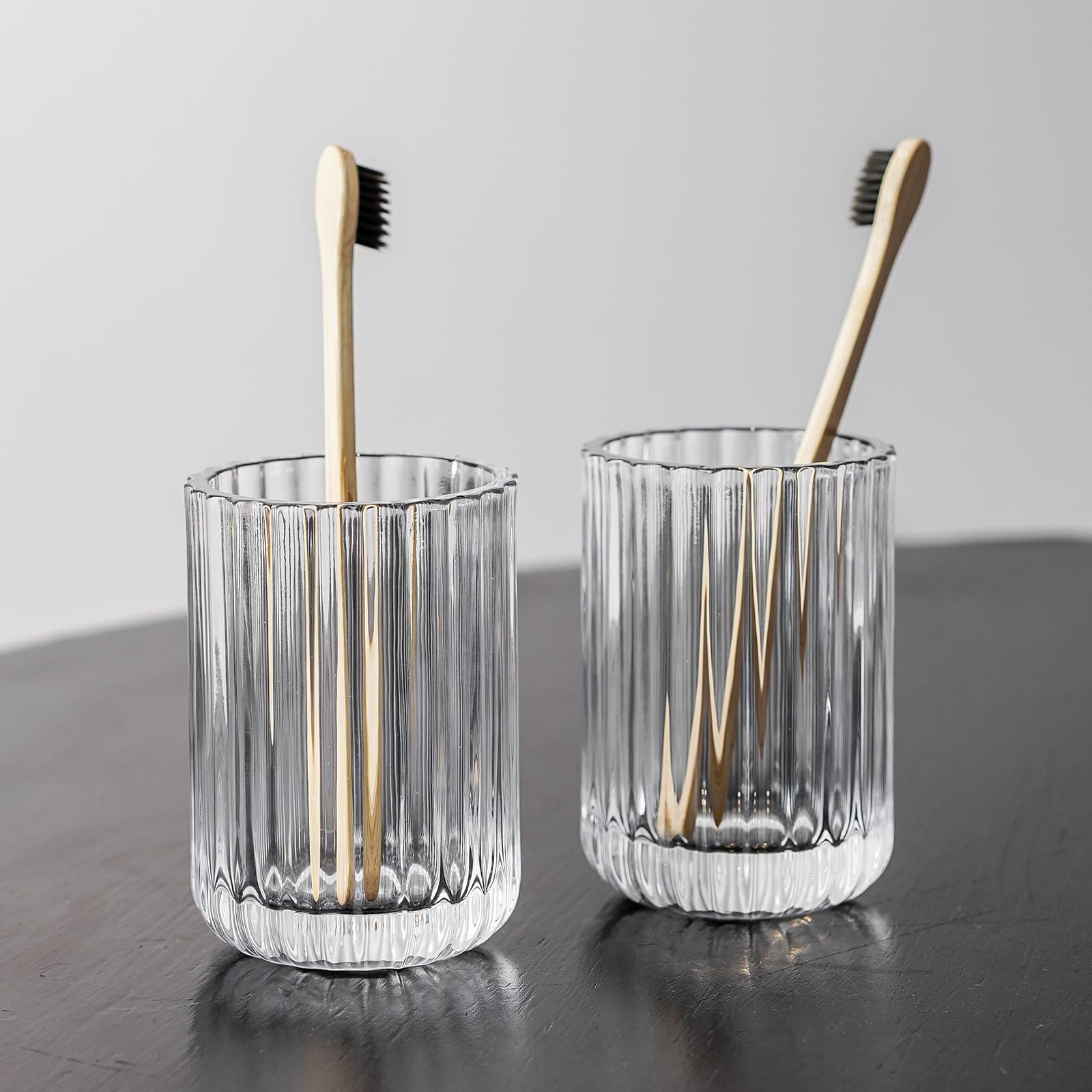 Photo 1 of 2 Piece Simple Transparent Vertical-Striped Bathroom Glass Toothbrush Cup Set