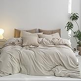 MooMee Queen Duvet Cover Set, 100% Washed Cotton Linen Like Twill Thick Sturdy Material Super Soft Breathable Durable Bedding for All Season, 3 Pieces (Cream Grey, Queen 90"x90")