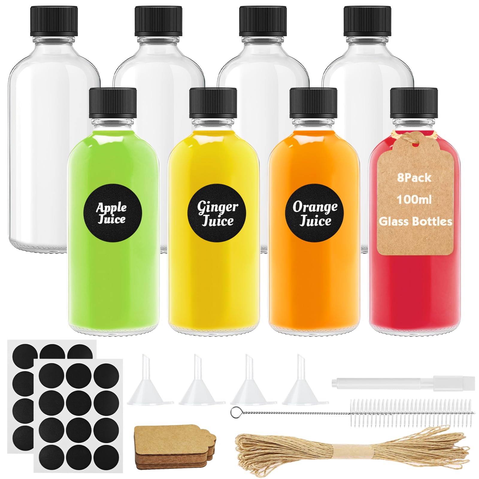 Amentalove 8PCS Glass Shot Bottles with Lids, 3.4oz /100ml Glass Ginger Shot Bottles, Reusable Small glass Bottle with Labels Pen Hang Tag Brush Funnel for Juice Alcohol Ginger
