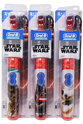 Oral-B Kid's Battery Power Toothbrush with Timer Featuring Disney's Star Wars Characters, Red, Pack of 3, Chewbacca, Darth Vader, and BB-8