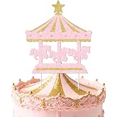 Carousel Birthday Party Decoration, Large Pink and Gold Glitter Carousel Cake Topper 5.7&times;6.2in, Sparkling Cardstock Horse Cake Decoration for Girls&rsquo; Birthday or Baby Shower Party Dessert Table
