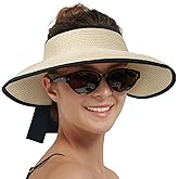 Creekstone Sun Visor Hats for Women Straw Visor Wide Brim UV Protection Packable Summer Beach Hat Ponytail Travel UPF 50+