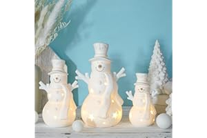 Tujoe 3 Pcs Light up White Ceramic Snowman Decor LED Lighted Porcelain Snowman Figurines Tabletop Battery Operated for Christmas Gifts Winter Fireplace Mantel Table Centerpiece Decorations