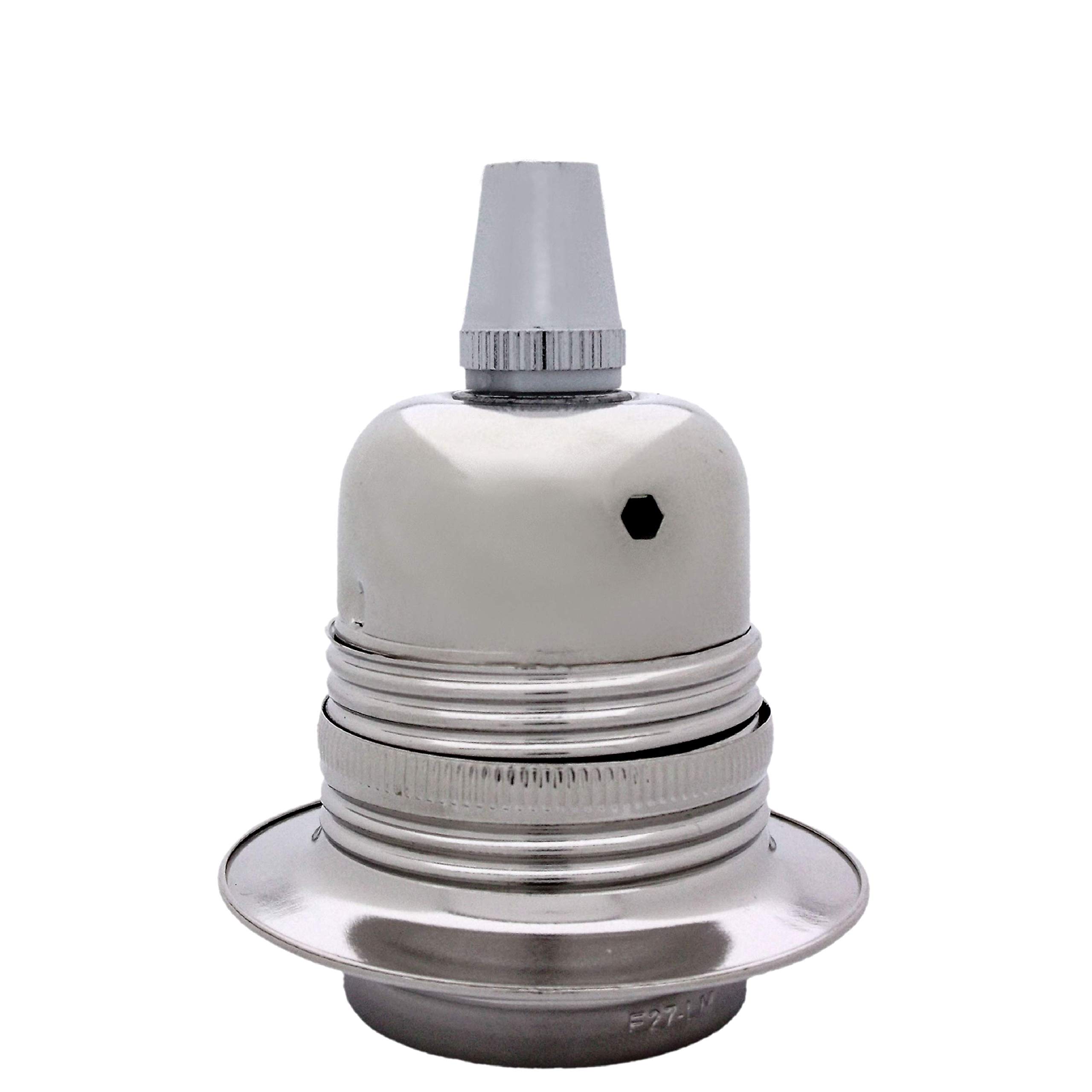 Edison Screw (E27) Metal and Ceramic Earthed Lampholder in Silver Nickel Finish with Metal Cord Grip