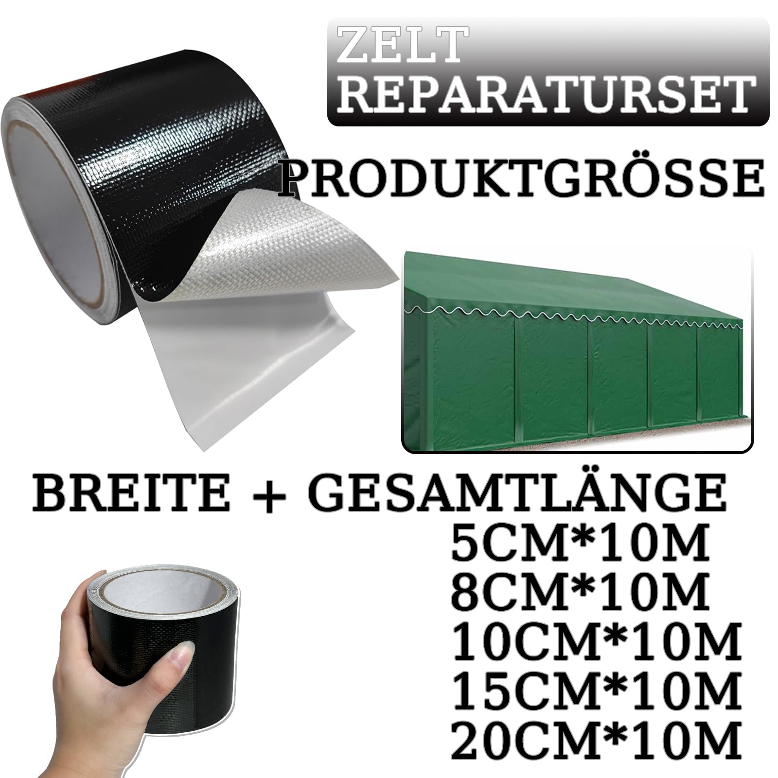 Zelt Reparaturset Schwarz - Kleber für lkw Plane Schutz Flicken für Abdeckplane & Sonnenschirm,Bootsplane,Zeltunterlage Planen,Reparaturband,Markisen Reparatur Klebeband (Schwarz, 5cm*10m) 4