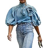 Tbahhir Women's Denim Blouse Blue Bow Tie Jean Shirt Puff Sleeves Mock Neck Cropped Top Casual