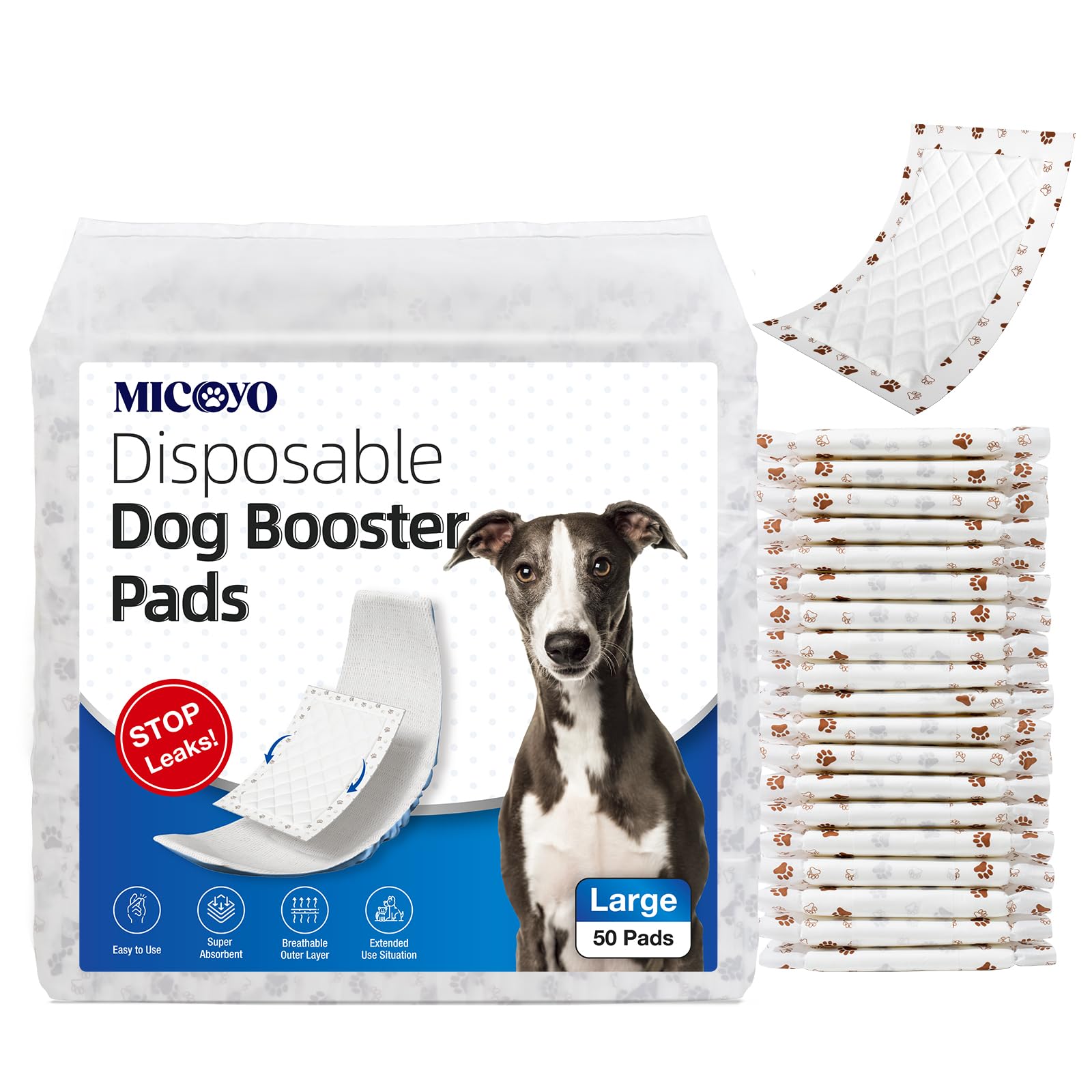 MICOOYO Disposable Dog Diaper Liners, Dog Booster Pads for Male Female Dogs, Period Doggy Inserts Pads for Nappies Diapers Pants (L-50)