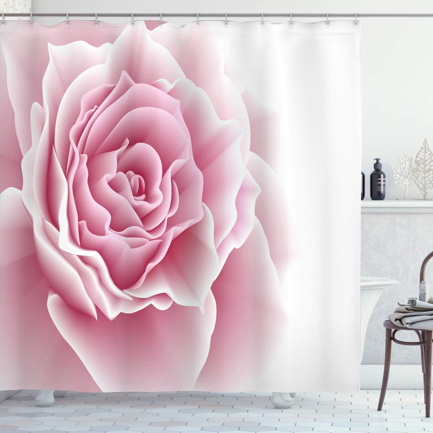 ABAKUHAUS Pale Pink Shower Curtain, Romantic Rose Petals Beauty Bouquet Celebration Bridal Romance Wedding Theme, Cloth Fabric Bathroom Decor Set with Hooks, 86 Inches Extra Long, Pale Pink White — image 1