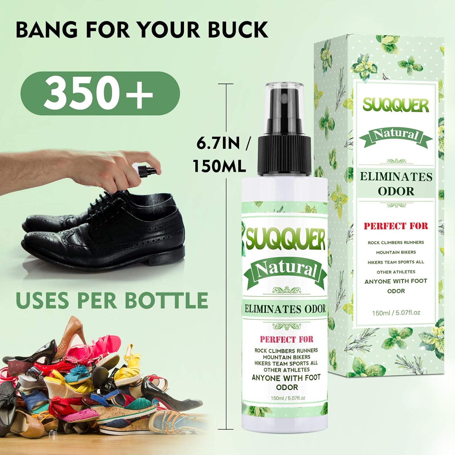 Natural Shoe Deodorizer Spray, SUQQUER 150ML Extra Strength Foot Odor Eliminator for Shoes-Witch Hazel, Peppermint, Tea Tree Essential Oils 150ML /5.07FL.OZ : Beauty