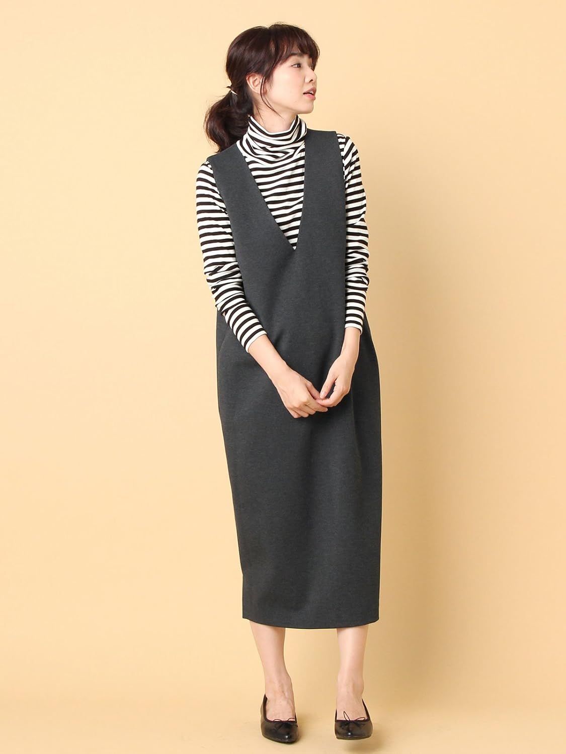 ANGELIEBE エンジェリーベ マタニティ ワンピース 授乳しやすい ポンチ ロング ジャンパードレス 産前産後 S～M 杢チャコール 22207201