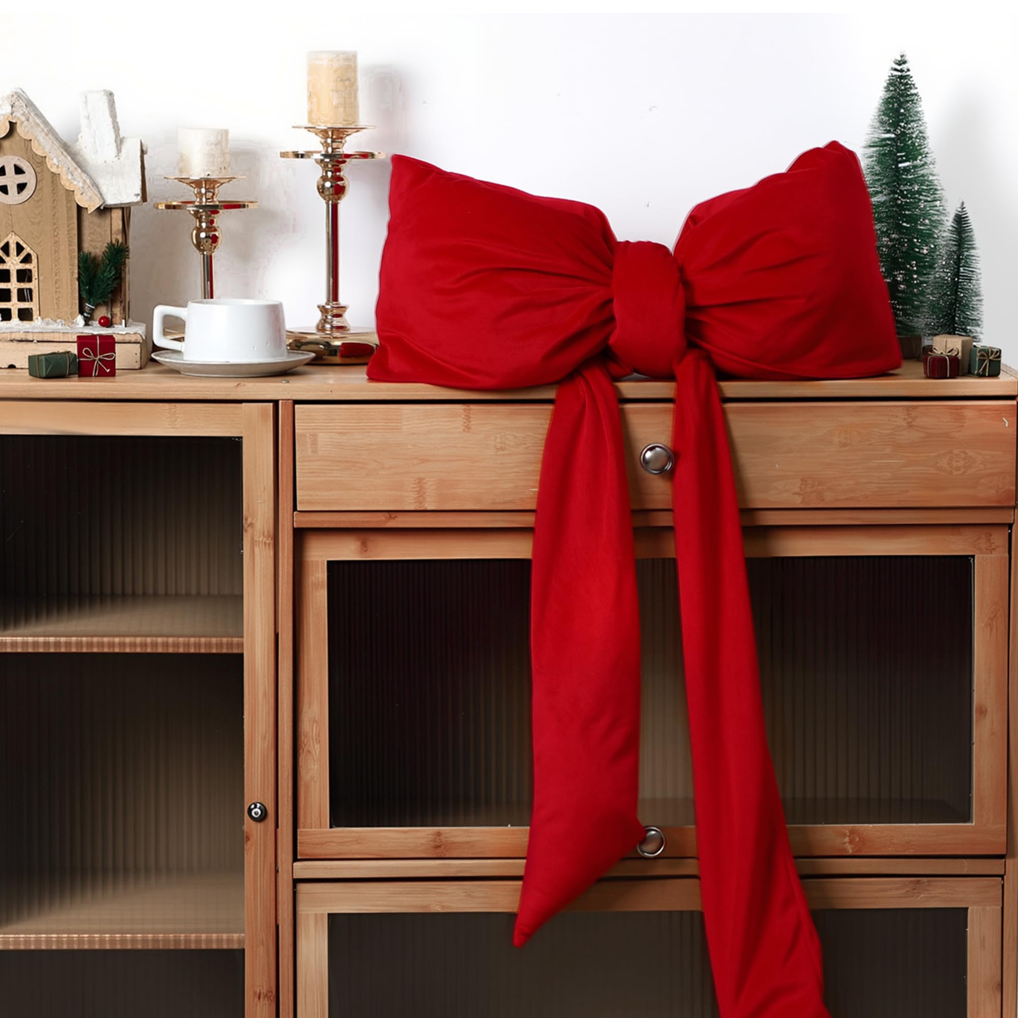 Photo 1 of Amyhill Long Christmas Velvet Bow Pillow, Soft Furry Red Bow Throw Pillows for Cushion Bed Sofa Couch Holiday Outdoor Car Home Decor 18x39 Inches