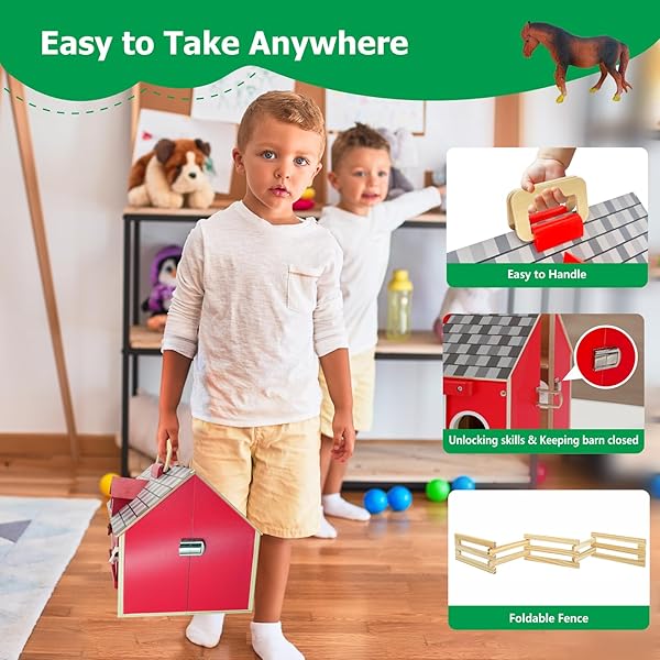SIMPLIPLAY FARM ANIMAL TOYS WITH PORTABLE LARGE WOODEN BARN FOR KIDS 3+ YEARS OLD, 10 PCS FARM ANIMALS FIGURES FOR BOYS, GIRLS, ANIMAL LOVERS, IDEAL GIFT FOR KIDS TODDLERS, IMPROVE FINE MOTOR SKILLS